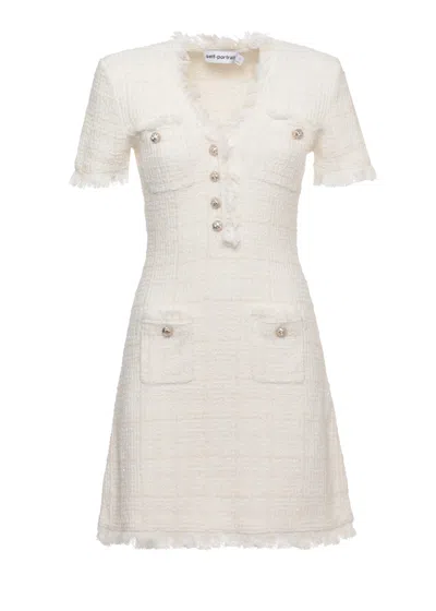 Self-portrait Ivory Midi Dress With Fringed V-neck And Jewel Details In White