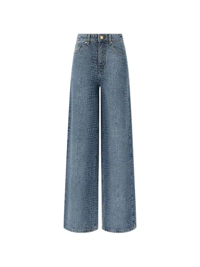 Self-portrait Wide Jeans Rhinestone Croc Effect Blue In Cotton For Women