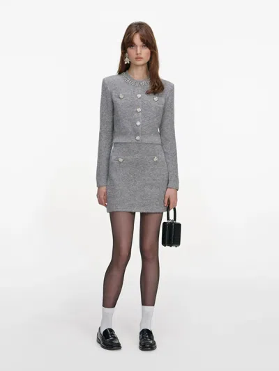 Self-portrait Jewel-button Knit Mini Skirt With Elastic Waist In Gray