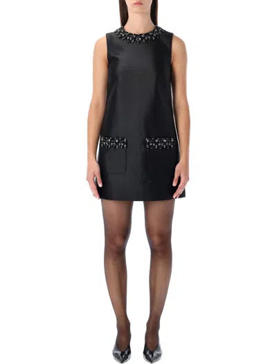 Self-portrait Jewel-embellished Black Taffeta Mini Dress With Front Pockets