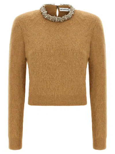 Self-portrait Jewel-embroidered Crew Neck Sweater In Brown