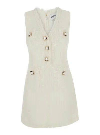 Self-portrait Jewelled-button V-neck Mini Dress In Neutral