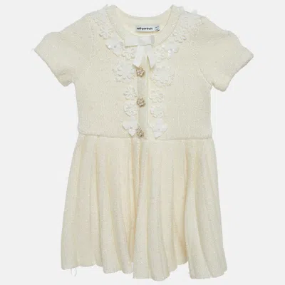 Pre-owned Self-portrait Kids Cream Button Embellished Knit Pleated Dress 3-4 Yrs In White