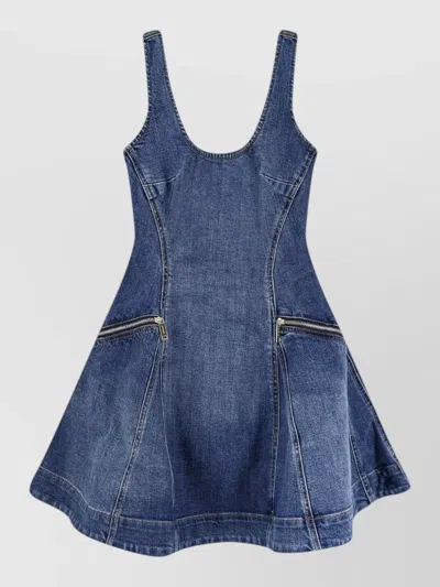 Self-portrait Knee Length Dress Scoop Neck Zip Pockets In Blue