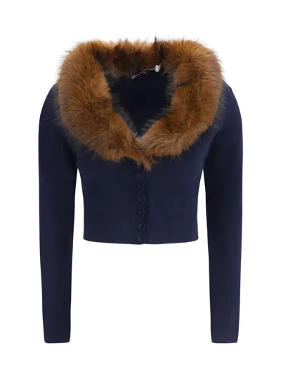 Self-portrait Knit And Faux Fur Cardigan In Blue