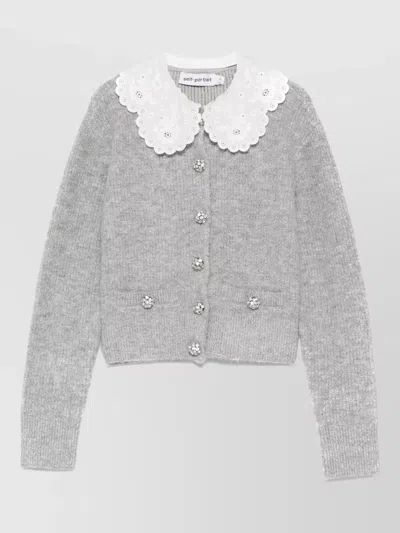 Self-portrait Knit Cardigan Cropped Lace Collar Buttons In Gold