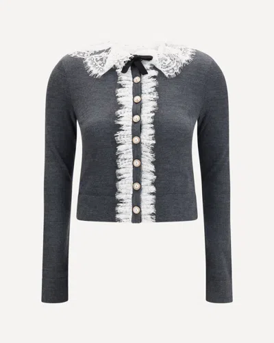 Self-portrait Knit Cardigan With Lace Collar In Gray