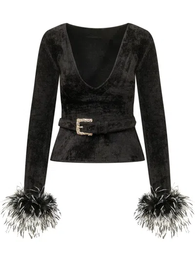 Self-portrait Knit Feather Top In Brown