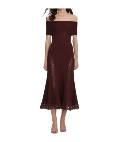 Self-portrait Knit Lace Insert Midi Dress In Brown