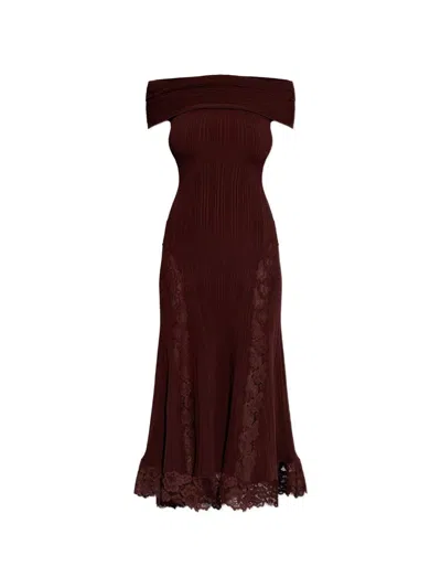 Self-portrait Knit Lace Insert Midi Dress In Burgundy