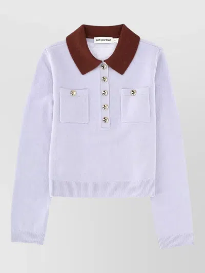 Self-portrait Knit Top Contrasting Collar Front Pockets In Blue