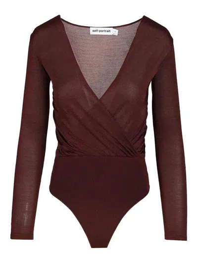 Self-portrait Knitted Bodysuit In Brown