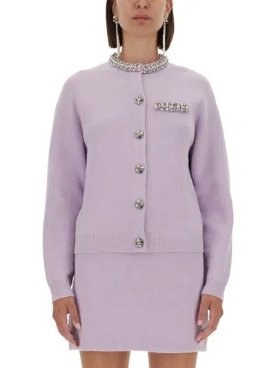 Self-portrait Knitted Cardigan With Crystals In Purple
