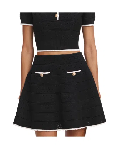 Self-portrait Button-embellished Metallic Cotton-blend Pointelle-knit Mini Skirt In Black