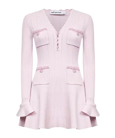 Self-portrait Neutrals Textured Knit Flared Sleeves Mini Dress In Pink