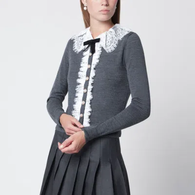 Self-portrait Knitted Wool Cardigan With Lace Collar In Grey In Multi