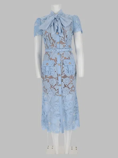 Self-portrait Lace Button-front Midi Dress With Bow Neck And Belt In Blue
