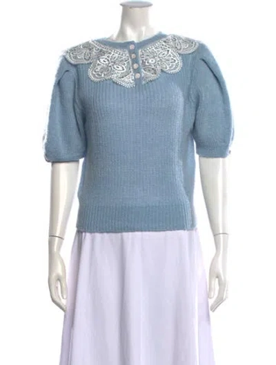 Pre-owned Self-portrait Lace Collar Cable Jumper Crew Neck Sweater In Blue