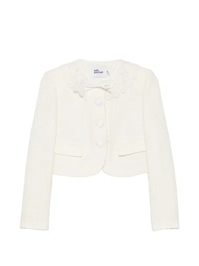 Self-portrait Lace Collar Cropped Tweed Jacket In White