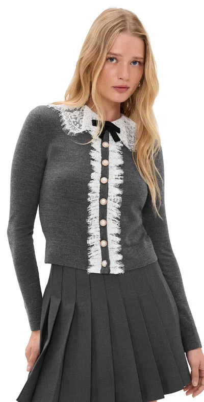 Self-portrait Cardigan Grigio In Lana Con Pizzo Bianco E Fiocco In Velluto Self Portrait In Gray