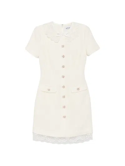 Self-portrait Ivory Boucle Lace Mini Dress With Jewel Button Accents In Neutral