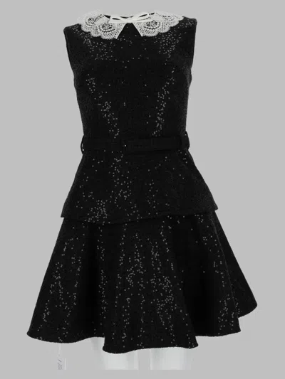 Self-portrait Lace Collar Sequin Fit-and-flare Mini Dress In Black