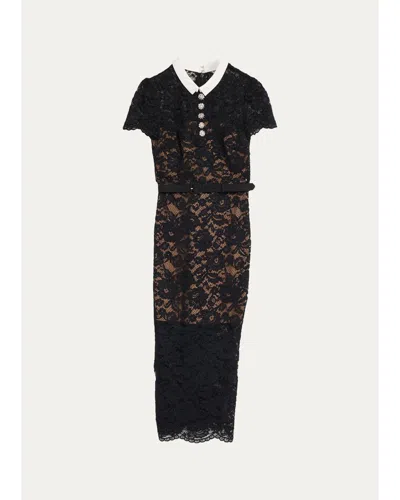 Self-portrait Lace Contrast Collar Midi Dress In Black
