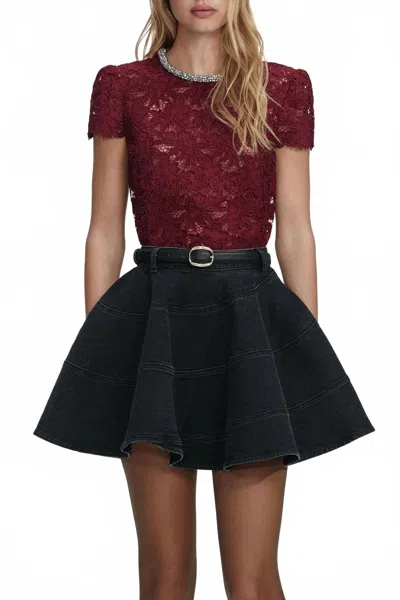 Self-portrait Lace Crystal Trim Short Sleeve Top In Red In Burgundy
