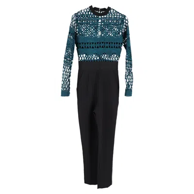 Self-portrait Lace Detail Jumpsuit In Blue Green Polyester