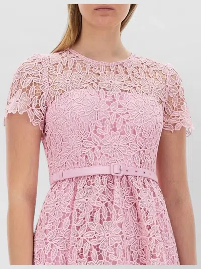Self-portrait Lace Dress Belted Waist Floral Pattern In Pink