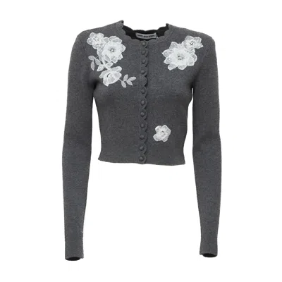 Self-portrait Lace Flower Embellished Knit Cardigan In Grey