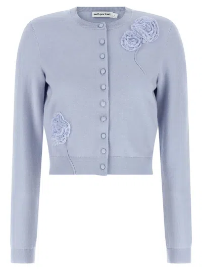 Self-portrait Lace Flower-embellished Knit Cardigan In Blue