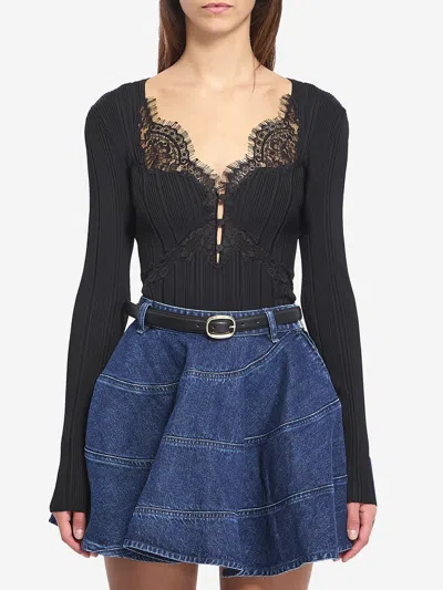 Self-portrait Lace Knit Top In Black