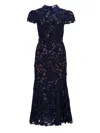 Self-portrait Guipure Blue Long Dress With Lace Design And Adjustable Waist Belt In Fabric Woman In Blue