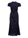 Self-portrait Guipure Blue Long Dress With Lace Design And Adjustable Waist Belt In Fabric Woman In Blue