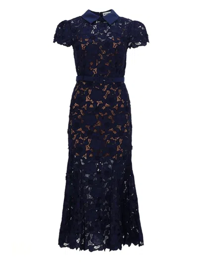 Self-portrait Guipure Blue Long Dress With Lace Design And Adjustable Waist Belt In Fabric Woman