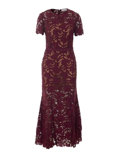 Self-portrait Burgundy Lace Polyester Midi Dress In Red