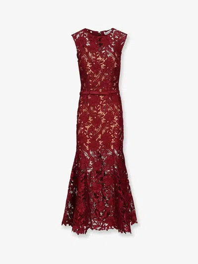 Self-portrait Burgundy Guipure Lace Midi Dress With Defined Waist