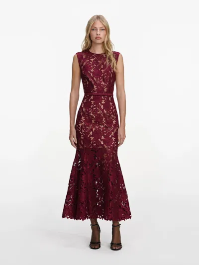 Self-portrait Fitted Guipure Lace Midi Dress With Removable Belt In Red