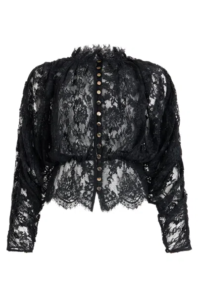 Self-portrait Lace Mini Blouse With Long Sleeves In Black