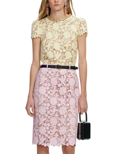 Self-portrait Lace Overlay Midi Skirt With Scalloped Hem In Beige