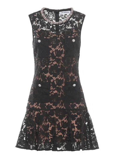 Self-portrait Lace Overlay Mini Dress With Jewel-buttoned Pockets In Black