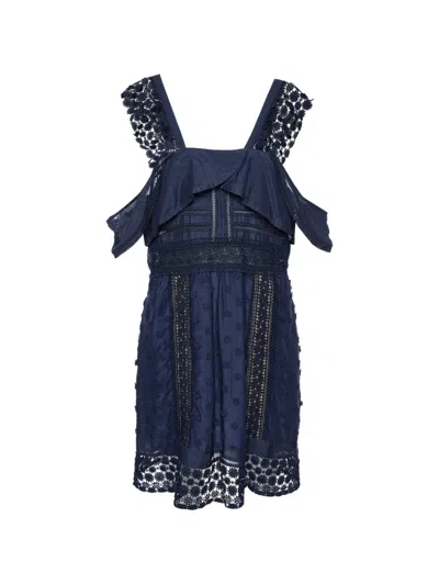 Pre-owned Self-portrait Lace Paneled Midi Dress In Blue