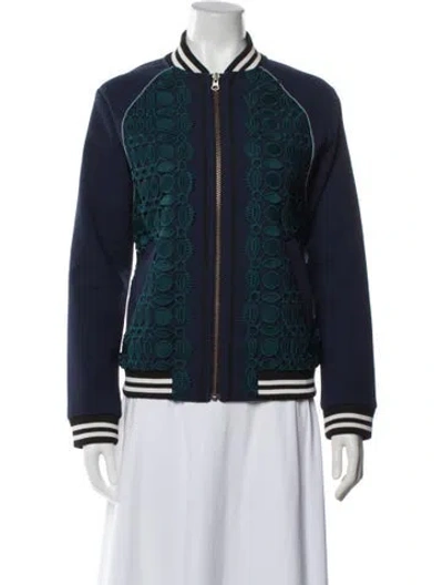 Pre-owned Self-portrait Lace Pattern Bomber Jacket In Blue