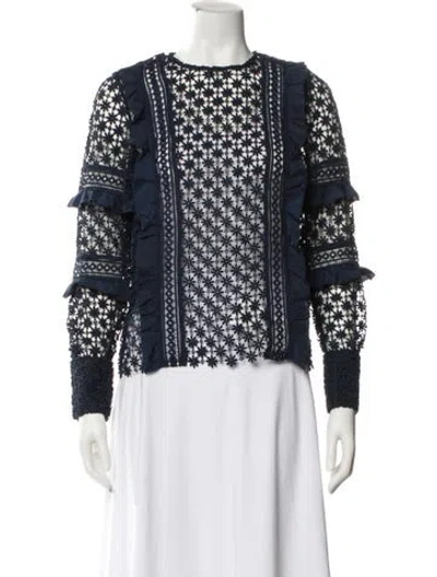 Pre-owned Self-portrait Lace Pattern Crew Neck Blouse In Blue