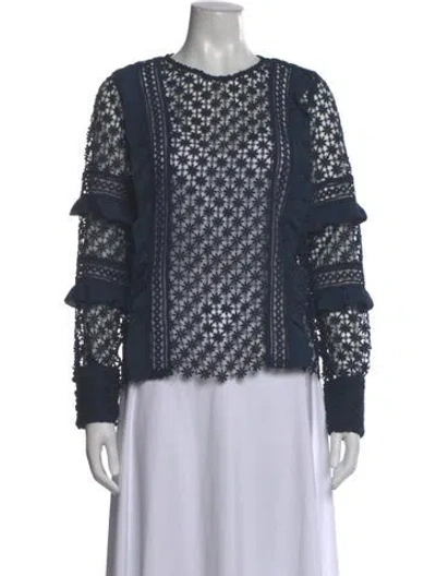 Pre-owned Self-portrait Lace Pattern Crew Neck Blouse In Blue