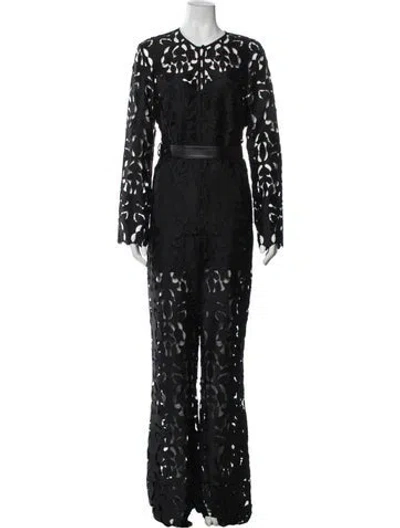 Pre-owned Self-portrait Lace Pattern Crew Neck Jumpsuit W/ Tags In Black