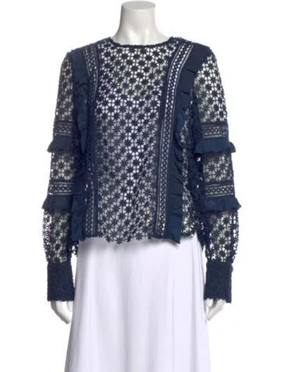 Pre-owned Self-portrait Lace Pattern Crew Neck Top In Blue
