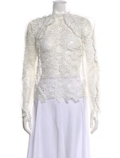 Pre-owned Self-portrait Lace Pattern Long Sleeve Blouse In White