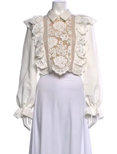 Pre-owned Self-portrait Lace Pattern Long Sleeve Blouse In White